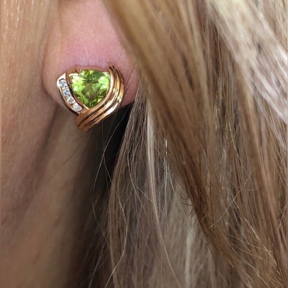 Solid 10K Yellow Gold Trillion Green Natural Peridot Diamond Earrings (not 14K)